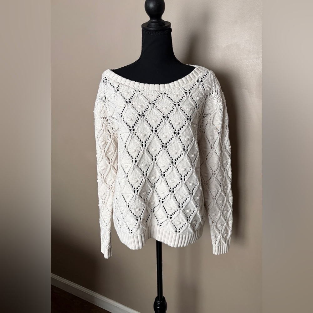 TOMMY HILFIGER ivory crochet open knit sweater sz XL cottagecore chunky Pom Pom